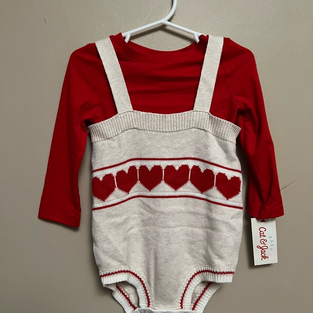 Cat & Jack Red and Cream Heart Knit Two Piece Long Sleeve Romper Size 18M